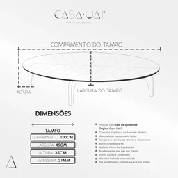 Mesa de Centro Oval Orgânico em MDF Pés Madeira Maciça Laminada 100x45cm Canada - 5