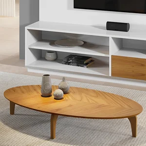 Mesa de Centro Oval Orgânico em MDF Pés Madeira Maciça Laminada 100x45cm Canada