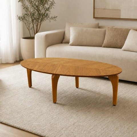 Mesa de Centro Oval Orgânico Pés Madeira Maciça Laminada 100% MDF 100x45cm Canada Marrom