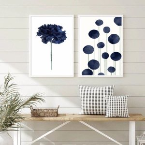 Conjunto 2 Quadros Arte Moderna Flor Azul marinho 24x18cm - com Vidro:madeira Branca