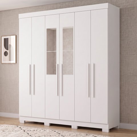 Guarda-Roupa Casal 6 Portas, 2 Gavetas, Pés e Espelho Noronha Branco