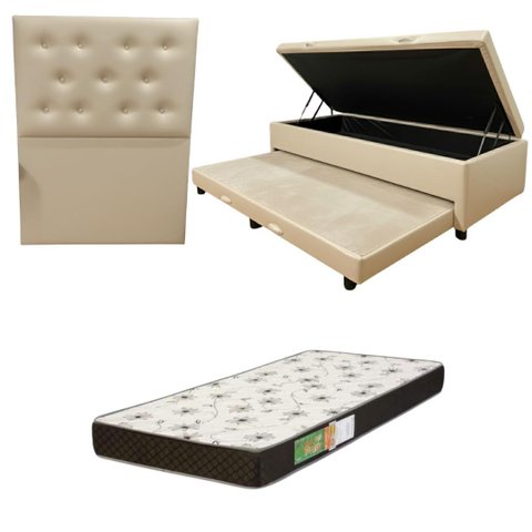 Cama Box Baú Solteiro com Auxiliar (bicama) + Colchão Solteiro Espuma D20 12cm | Kit Completo com Ca