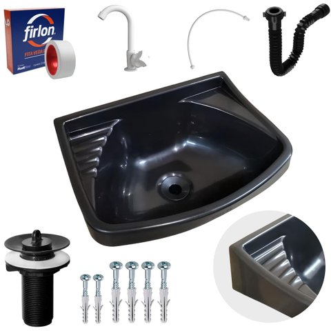 Pia Lavatório Plástico 4,8L Preta + Sifão Sanfonado Universal 61cm Preto + Torneira Branca + Engate 