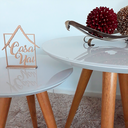 Ver imagem 5 de Conjunto Mesa Lateral de Canto Pé Palito Off White com Vidro 40/100% MDF 50 cm Diâmetro 50/60 cm Altu