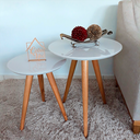 Ver imagem 2 de Conjunto Mesa Lateral de Canto Pé Palito Off White com Vidro 40/100% MDF 50 cm Diâmetro 50/60 cm Altu