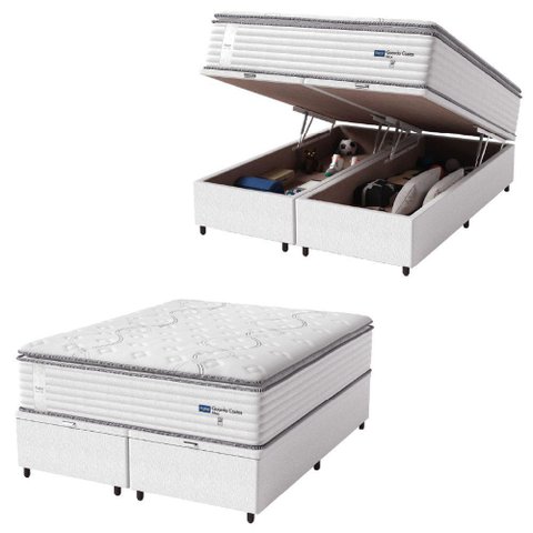 Cama Box Baú Casal King Colchão Molas Guarda Costas Max com Pillow Branco/cinza