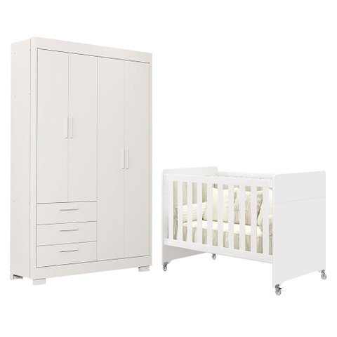 Jogo de Quarto Infantil Guarda Roupa Zaki e Berço Evolution Branco Fosco - Reller Móveis