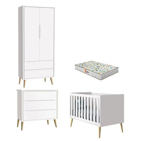Quarto de Bebê 2 Portas e Cômoda Gaveteiro Theo Branco Pés Madeira Natural com Colchão Gazin ?