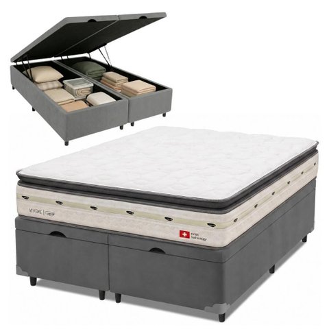 Cama Box com Baú King Orion Pillow Top Molas Ensacadas Cinza e Branco Herval