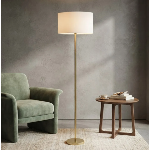 Luminária de Chão Piso Abajur Altura 1,6m Alumínio com Cúpula Redonda Ref 88 Dourado Cup Branco