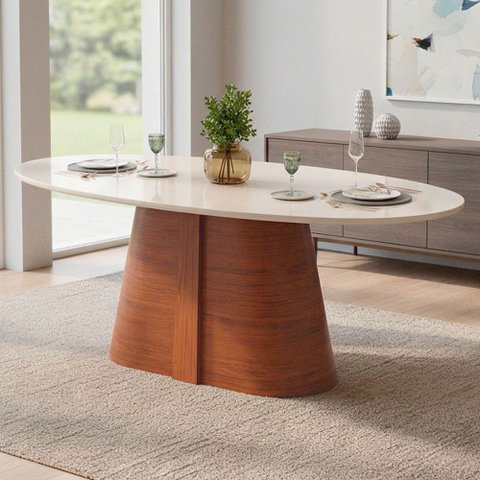 Mesa de Jantar 8 Lugares Orgânica Elipse Tampo com Vidro 218cm Degas D05 Freijó Off White - Lyam Dec