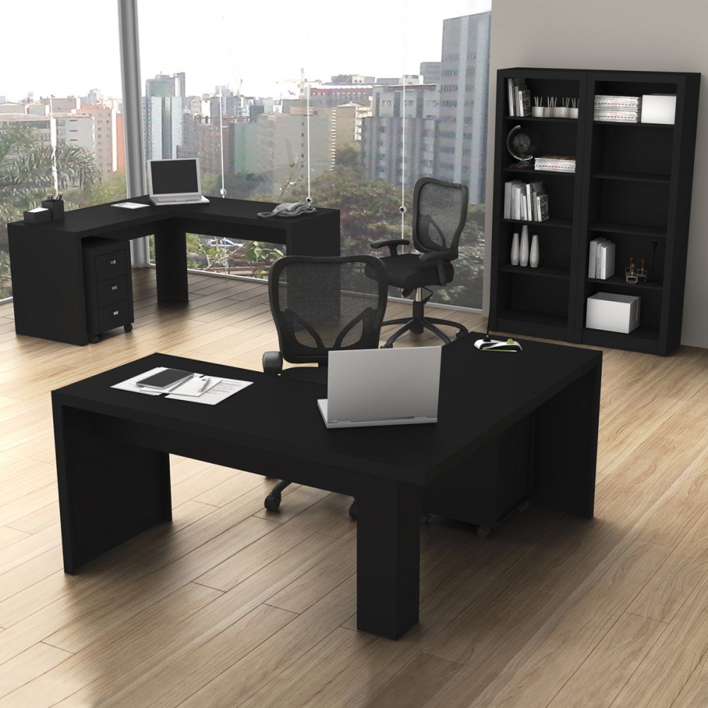 Conjunto Home Office 6 Peças com 2 Mesa em L, 2 Gaveteiros e 2 Estantes Preto - Pnr Móveis - 1