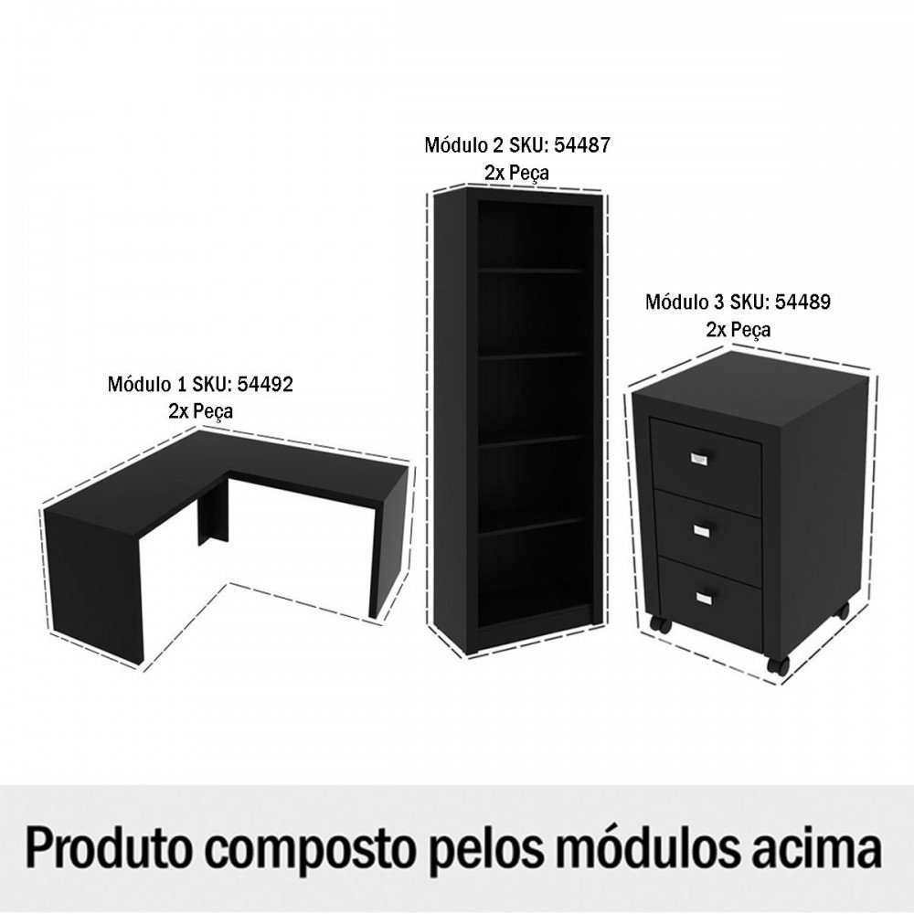 Conjunto Home Office 6 Peças com 2 Mesa em L, 2 Gaveteiros e 2 Estantes Preto - Pnr Móveis - 2