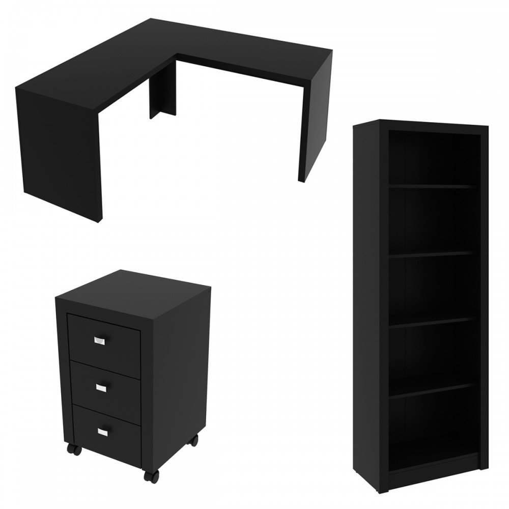 Conjunto Home Office 6 Peças com 2 Mesa em L, 2 Gaveteiros e 2 Estantes Preto - Pnr Móveis - 6