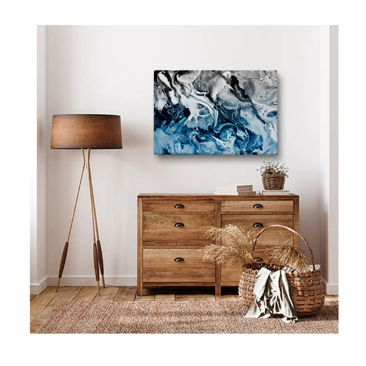Quadro Abstrato Blue And Silver c/ Moldura Preta e Vidro:100 x 70 cm - 1