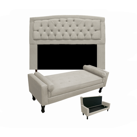 Jogo Cabeceira Geovana + Calçadeira Fênix Solteiro 90cm Suede Bege - LM DECOR