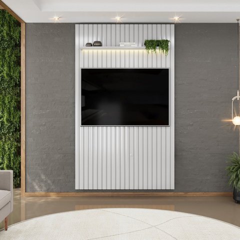 Painel Ripado para TV até 60 Polegadas com LED MDF 143cmx240cm Trento Cinza Bali