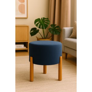 PUFF APOLO PES DE MADEIRA  AZUL LINHO