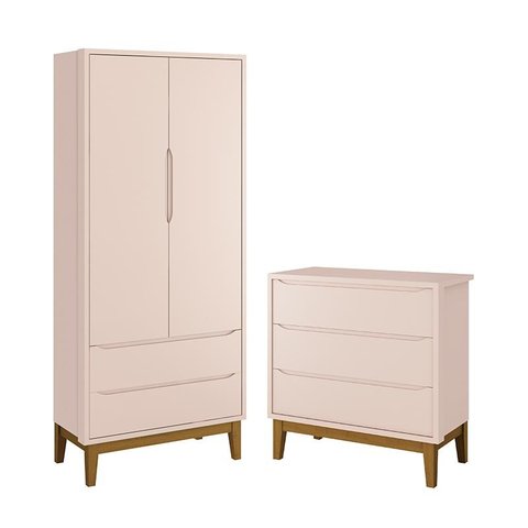 Jogo de Quarto Infantil Guarda Roupa 2 Portas e Cômoda 3 Gavetas Classic Rosa Fosco com Pés Amadeira