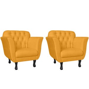 Kit 2 Poltronas Decorativa Couro Amarelo Pés Madeira Ms Decor