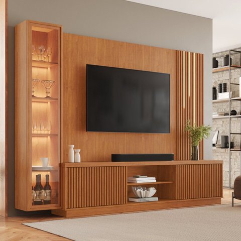 Rack com Painel com Cristaleira para TV até 75 Polegadas Ripado com LED 100% MDF 190,5CMX220CM Valência Naturalle