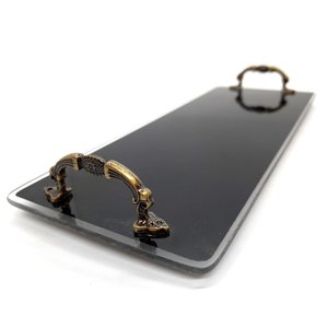 Bandeja Lavabo Sala Bandeja Vidro Preta c/ Alça 25x10cm