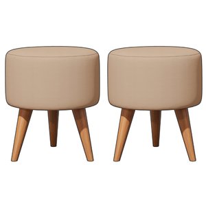 Kit 2 Puff Redondo Linho Sala Quarto Banqueta Pés Polipropileno - Areia