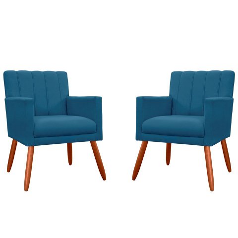 Kit 2 Poltronas Decorativa Cecília Suede Azul Marinho Pés Madeira Mz Decor