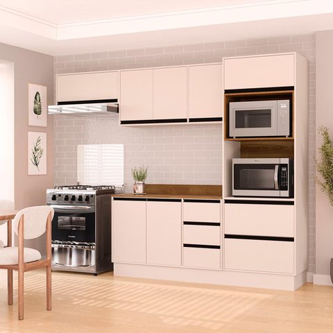 Cozinha Koya 4 Peças 270x214cm Armários Aéreos Balcão Torre Quente Tampo Rodapé Creme 250047