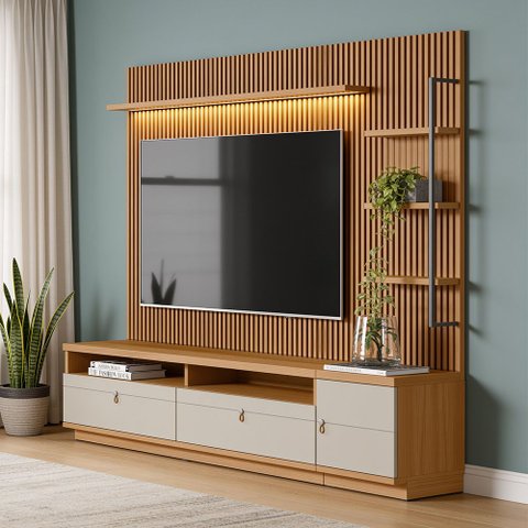 Rack para Sala com Painel Ripado para TV 75 pol 224cm Orizon L05 Nature Off White - Lyam Decor