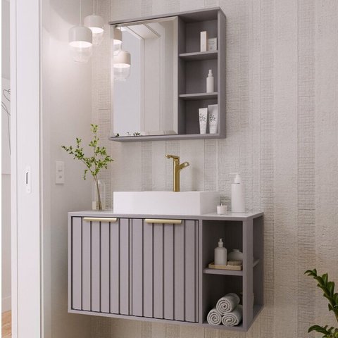 Gabinete Suspenso Banheiro Noruega 80cm com Cuba e Espelheira Treviso Cinza/Platina