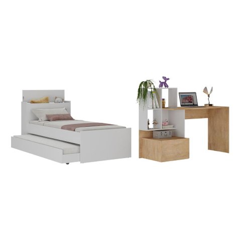Conjunto Quarto Bicama com Colchão e Baú/escrivaninha Multimóveis Mp4224 Branco/rustic