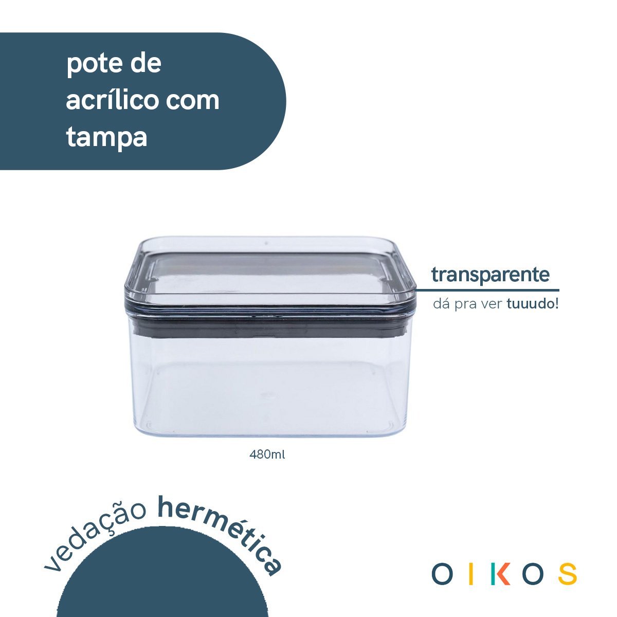 Pote de acrílico 480ml com tampa transparente quadrado empilhável - Oikos - 3