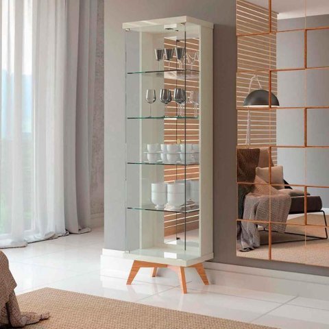 Cristaleira Retrô 1 Porta 4 Prateleiras MDF 53cm Off White com Freijó