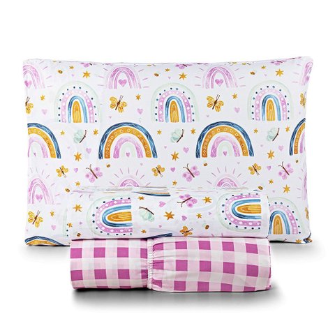 Jogo de Cama Lençol Lutti Solteiro Infantil 200 Fios Estampado 3 Peças Arco Íris Rainbow Rosa - 100%
