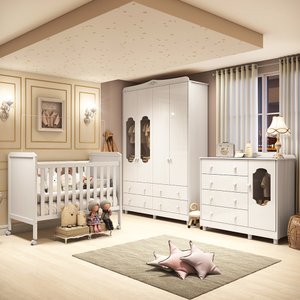 Quarto de Bebê com Guarda-roupa Cômoda Janelados e Berço 100% MDF Mateo Provençal Espresso Móveis
