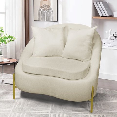 Poltrona Decorativa Orgânica Pé de Metal Dourado Zaya Bouclê Bege C05 - D’Rossi