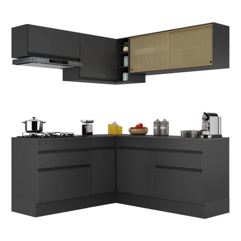 Armário de Cozinha Completa de Canto com Rodapé Veneza Multimóveis V2097 Preto