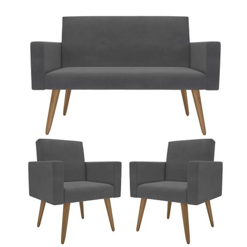 Kit Sófa 2 Lugares e 2 Poltronas para Sala de Estar Recepção Cinza-escuro