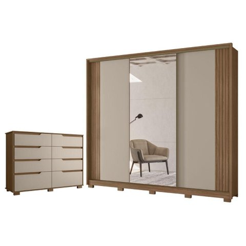 Guarda Roupa Casal Nevada 3 Portas Carvalho Fendi com Cômoda Gaveteiro Georgia Carvalho Fendi -