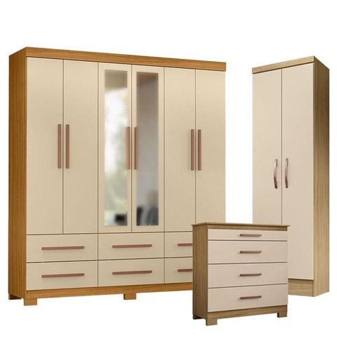 Guarda Roupa Casal New Kansas com Espelho com Cômoda 4 Gavetas New e Armário Multiuso New Egito