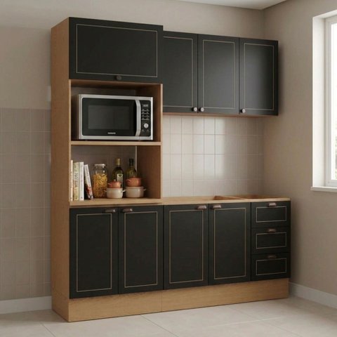 Cozinha Modulada 3 Peças Aéreo, Balcão e Torre Quente Conecta Frise Yescasa Cinamomo/Preto