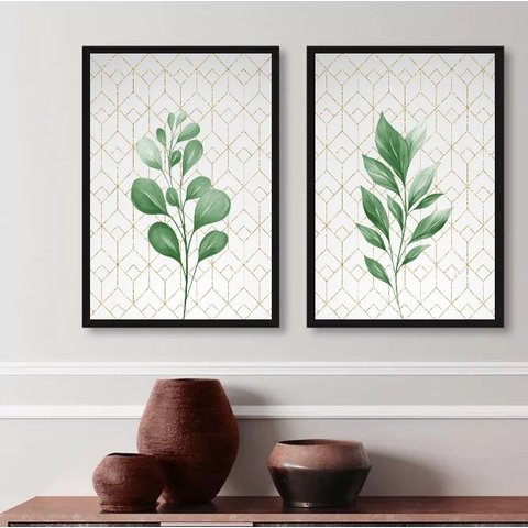 Kit 2 Quadros Decorativos Folhas Verdes Fundo Geométrico 33x24cm - com Vidro:madeira Branca
