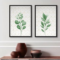 Kit 2 Quadros Decorativos Folhas Verdes Fundo Geométrico 33x24cm - com Vidro:madeira Branca - 1 Kit 2 Quadros Decorativos Folhas Verdes Fundo Geométrico 33x24cm - com Vidro:madeira Branca - 1