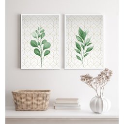 Kit 2 Quadros Decorativos Folhas Verdes Fundo Geométrico 33x24cm - com Vidro:madeira Branca - 2 Kit 2 Quadros Decorativos Folhas Verdes Fundo Geométrico 33x24cm - com Vidro:madeira Branca - 2