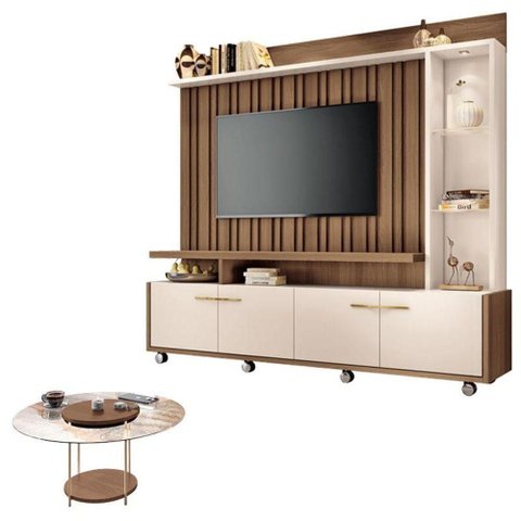 Estante Home Theater Titan Off White Castanho e Mesa de Centro Sky com Tampo de Vidro Castanho - Hb