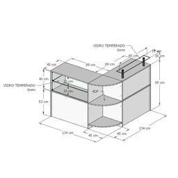 Balcão Caixa Com Vitrine e Prateleira de Vidro Em L Modelo New 134+134 x 95 x 45 cm Comac Preto - 3