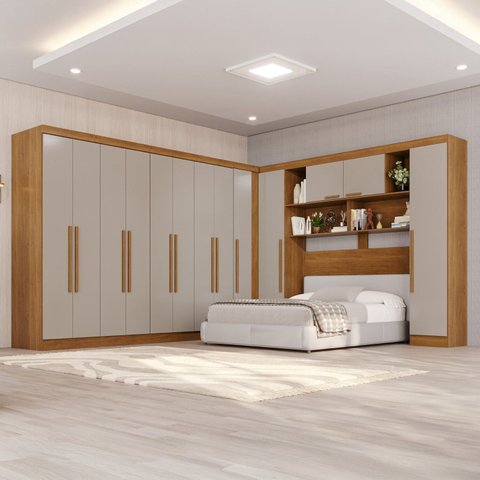 Guarda-Roupa de Canto Modulado 11 Portas 4 Gavetas Portugal Off White/Cinamomo/Off-White