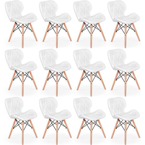 Kit 12 Cadeiras de Jantar Charles Eames Slim Wood Estofada - Branco