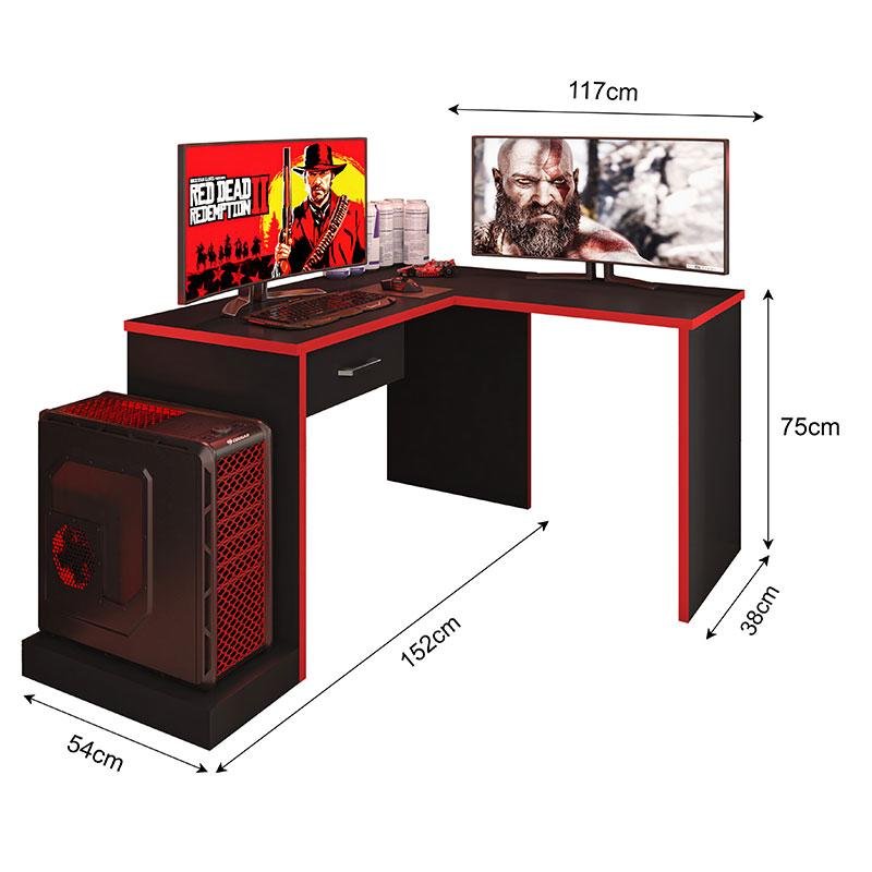 Mesa para Computador Gamer Ambiente Drx 9000 com Extensora Preto Trama Vermelho - Móveis Leão - 3